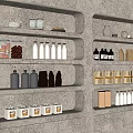 Modern Wall Cabinets With Open Storage Shelves Holding Jars And Bottles