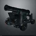 Ancient Cannon Weapon With Green Barrel Wheeled Carriage And Vintage Design