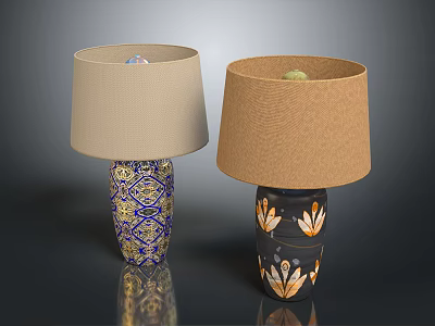 Ornate Table Lamps With Beige And Brown Shades And Blue Black Bases With Gold Accents 3d model