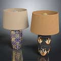 Ornate Table Lamps With Beige And Brown Shades And Blue Black Bases With Gold Accents