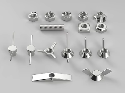 Assorted Hardware Tools Including Hex Nuts Bolts Threaded Rods And Wing Nuts 3d model