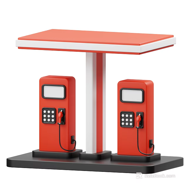 Gas Station Architectural Components Featuring Red Canopy Two Fuel Pumps And White Support Pillars 3d model 
