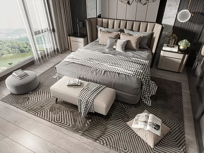 Modern Double Bed Bedroom With Bedside Tables Pillows Bench Rug And Scenic Window View 3d model