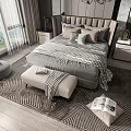 Modern Double Bed Bedroom With Bedside Tables Pillows Bench Rug And Scenic Window View
