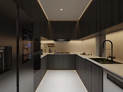 Modern Kitchen Interior Featuring Dark Wooden Cabinets And Stainless Steel Appliances 3d model