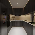 Modern Kitchen Interior Featuring Dark Wooden Cabinets And Stainless Steel Appliances