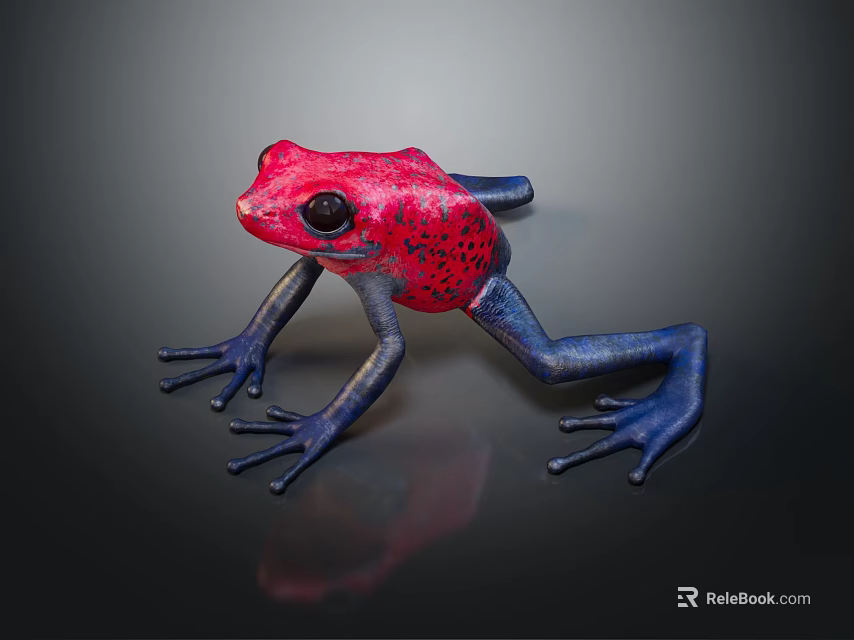 Vibrant Red Blue Frog Figurine Featuring Black Spots On Shiny Black Background With Reflection 3d model 