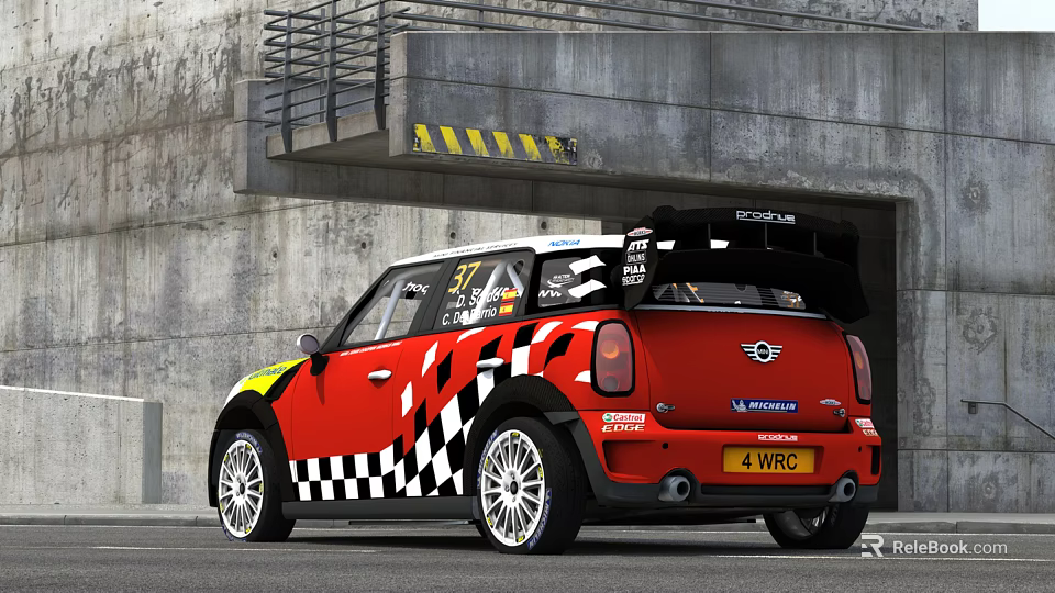 Red Mini Racing Car With Black White Checkered Design And Rear Spoiler For IRC Rally 3d model 