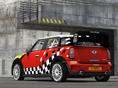 Red Mini Racing Car With Black White Checkered Design And Rear Spoiler For IRC Rally 3d model