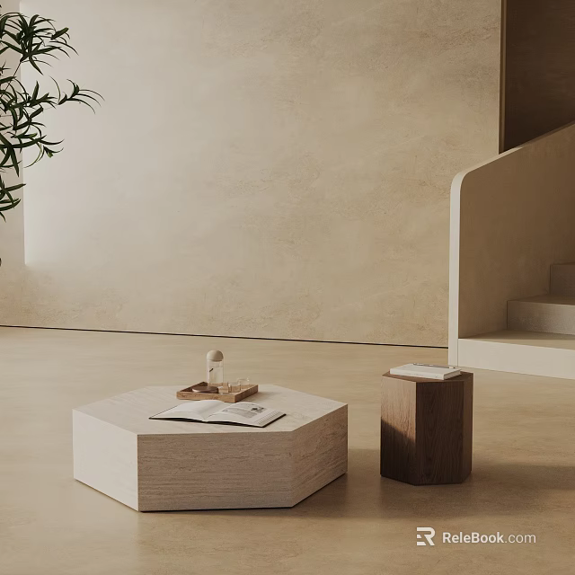 Minimalist Modern Hexagonal Coffee Table in Light Wood With Small Side Table Book and Plant 3d model 