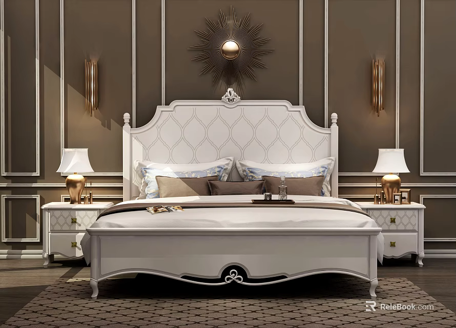 White Upholstered Double Bed With Diamond Pattern Headboard And Nightstand Lamps 3d model 