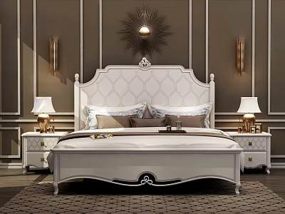 White Upholstered Double Bed With Diamond Pattern Headboard And Nightstand Lamps 3d model