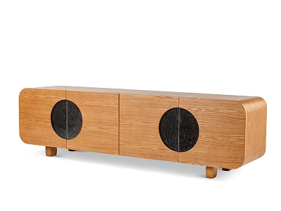 Minimalist Oak TV Stand With Round Black Panels And Wooden Legs 3d model