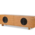 Minimalist Oak TV Stand With Round Black Panels And Wooden Legs