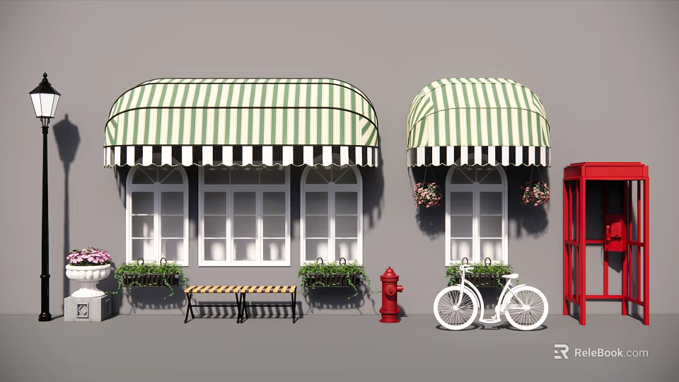 Green And White Striped Awnings Over Shop Windows With Bench Bicycle Red Fire Hydrant And Phone Booth 3d model 