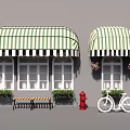Green And White Striped Awnings Over Shop Windows With Bench Bicycle Red Fire Hydrant And Phone Booth