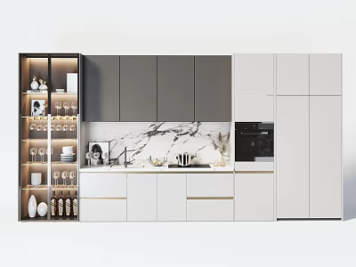 Modern Kitchen With Gray And White Cabinets Marble Backsplash Open Shelving And Oven 3d model