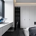 Modern Minimalist Bedroom Interior With Main Bed Circular Painting Glass Display Cabinet And Soft Lighting