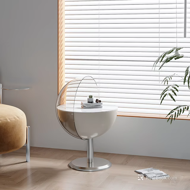 Modern Side Table with Metal Base White Top Near Beige Sofa Window Blinds 3d model 