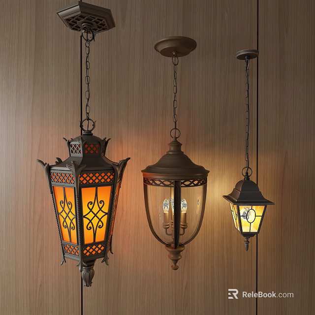 Vintage Pendant Lights with Intricate Metal Frames and Glass Shades on Wooden Wall Background 3d model 