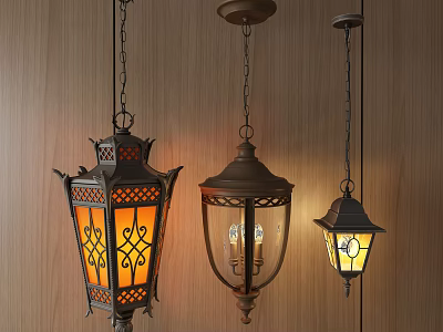 Vintage Pendant Lights with Intricate Metal Frames and Glass Shades on Wooden Wall Background 3d model