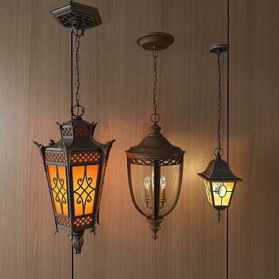 Vintage Pendant Lights with Intricate Metal Frames and Glass Shades on Wooden Wall Background 3d model