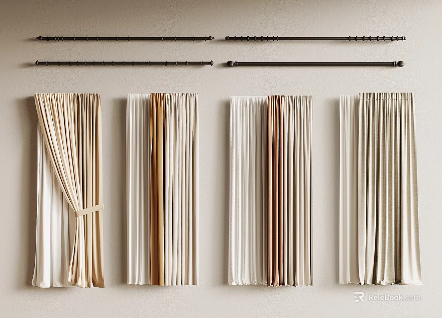 Various Colored Curtains With Different Textures And Curtain Rods For Home Window Styling 3d model 