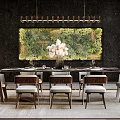 Luxury Modern Restaurant Interior With Dining Table Chandelier Green Artwork And Chairs