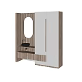 Modern Minimalist Bathroom Vanity With Wooden Frame White Storage Cabinets And Round Mirror