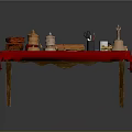 Traditional Worktable With Red Tablecloth Golden Containers Scissors Notebook And Ink Bottle