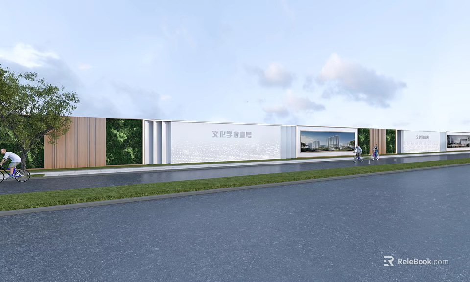 Scenic Wall Design with Wooden Panels Green Plants Glass Windows along Roadside and Grass Area 3d model 