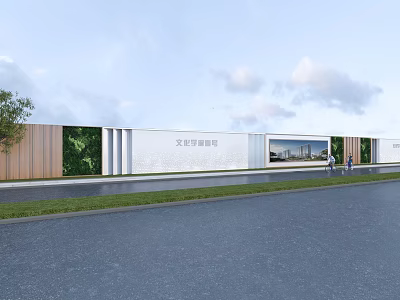 Scenic Wall Design with Wooden Panels Green Plants Glass Windows along Roadside and Grass Area 3d model