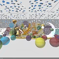 Vibrant Stage with Colorful Balloons Transparent Orbs Happy Sign under Perforated Ceiling on White Floor