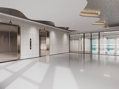 Modern Elevator Hallway Interior With Spacious Layout White Tile Walls And Bright Lighting 3d model