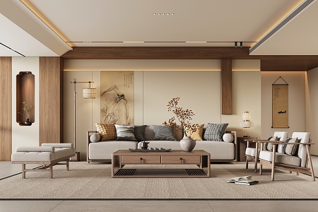 Zen New Chinese Style Home Living Room Song Dynasty Aesthetics Living Room Sofa Background Wall Sofa Coffee Table Combination Floor Lamp Leisure Chair 3d model