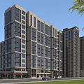 Modern High Rise Residential Building with Numerous Windows Ground Floor Retail Units and Surrounding Greenery