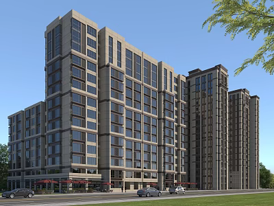 Modern High Rise Residential Building with Numerous Windows Ground Floor Retail Units and Surrounding Greenery 3d model