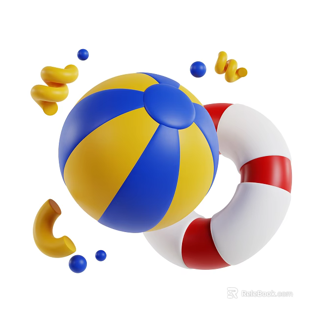 Colorful Summer Beach Items Including Blue Yellow Ball Red White Lifebuoy And Small Decorations 3d model 