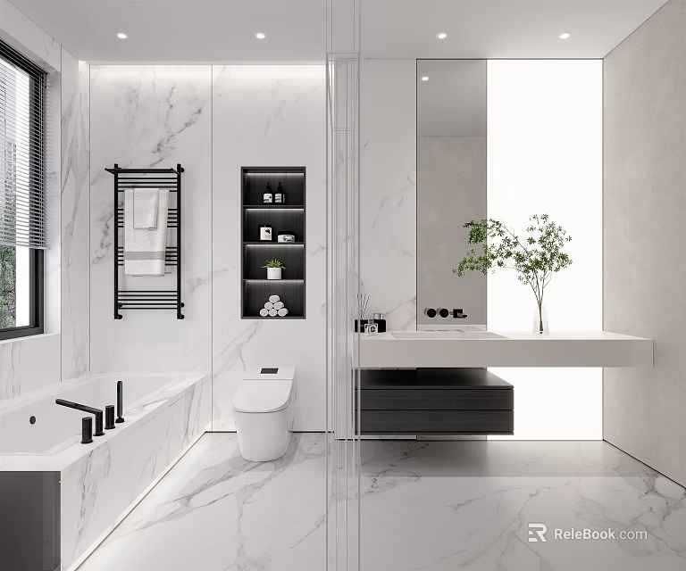 Modern Bathroom Design With Marble Tiles Bathtub Vanity Mirror Storage Cabinet And Green Plant 3d model 