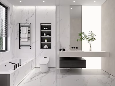 Modern Bathroom Design With Marble Tiles Bathtub Vanity Mirror Storage Cabinet And Green Plant 3d model