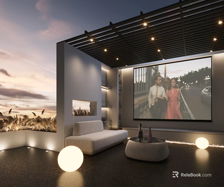 Modern Villa Balcony With Large Screen TV Sofa Small Table And Sunset Lighting 3d model 
