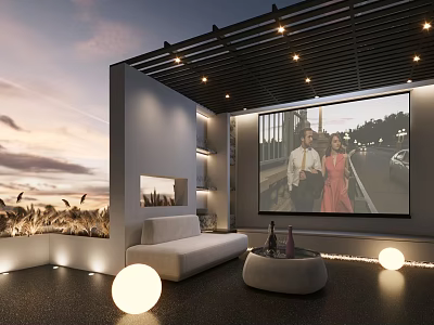 Modern Villa Balcony With Large Screen TV Sofa Small Table And Sunset Lighting 3d model