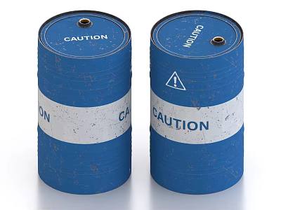 Industrial Equipment Blue Caution Drums With Warning Triangle Signs Showing Wear And Tear 3d model