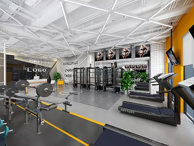 Modern Fitness Gym Interior With Treadmills Strength Training Equipment And Dumbbells 3d model