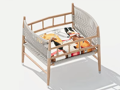 Wooden Frame Bench With Woven Sides And Colorful Decorative Cushions For Home Living 3d model