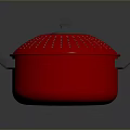 Red Cooking Pot With Perforated Lid And Two Side Handles For Kitchen Use