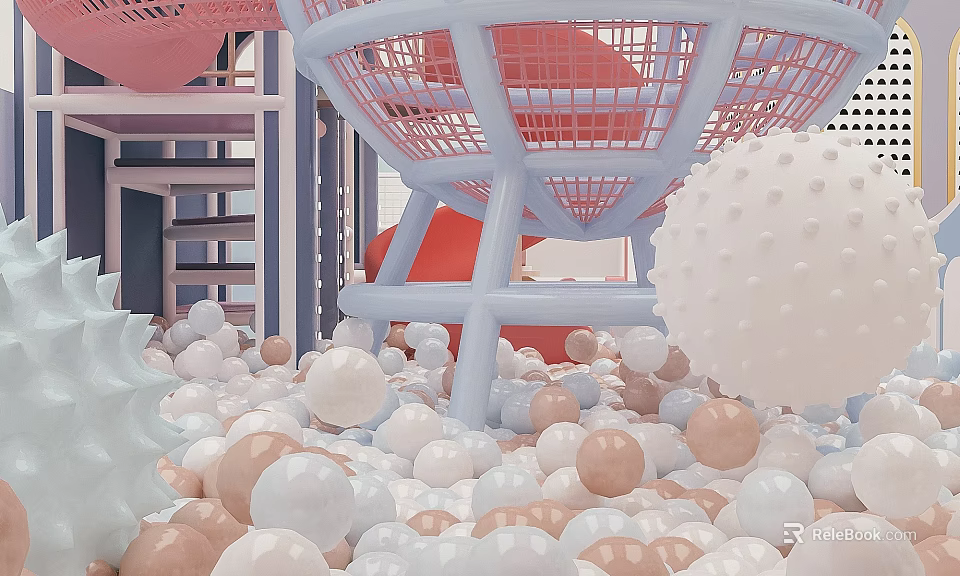 Colorful Playground Equipment with Pink Blue Shopping Cart Basket Surrounded by White and Beige Balls 3d model 
