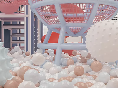 Colorful Playground Equipment with Pink Blue Shopping Cart Basket Surrounded by White and Beige Balls 3d model