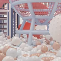 Colorful Playground Equipment with Pink Blue Shopping Cart Basket Surrounded by White and Beige Balls