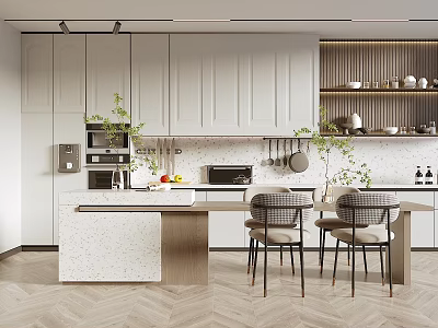 Modern Kitchen Interior With White Cabinets Island Counter Built in Appliances And Bar Stools 3d model